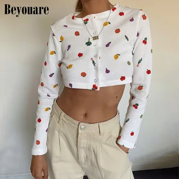 Beyouare gudrs ķiršu iespiests t krekls ar garām piedurknēm pogas jakas pavasara crop topi, sieviešu 2020. gadam elegants ikdienas mīkstu kokvilnas tee augšu