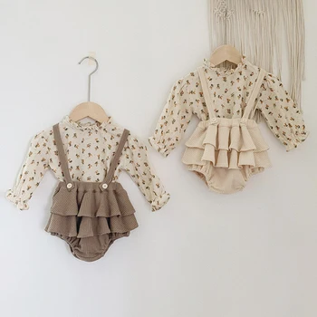 Bērnu Meitene Drēbes, Vasarā, Pavasarī Baby Meitene Puse Drēbes Bērniem Ziedu Blūze + (Dungriņi) Jaundzimušais Meitenes Siksna Tērpiem