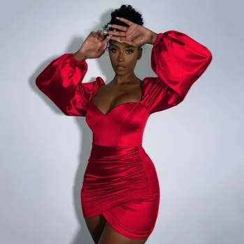 Cutubly Mini Kleita Ruched Sexy Streetwear 2021. Gada Rudens Elegants Kleita Sievietēm Laternu Piedurknēm Bodycon Sexy Gadījuma Nakts Klubu Kleita