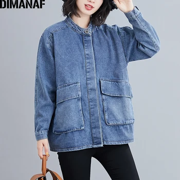 DIMANAF Plus Lieluma Žaketes Mēteļi, Sieviešu Apģērbs Vintage Jaka Bomber Jeans Denim Dāma Virsdrēbes Zaudēt Gadījuma garām Piedurknēm Rudens