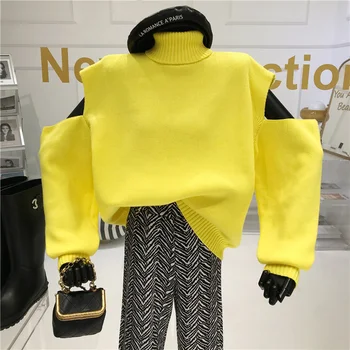 Dizains sajūtu pie pleca ar augstu kakla džemperis Sieviešu Rudens/Ziemas 2020 garām piedurknēm Slouchy vienkrāsainu Džemperi adīt krekls