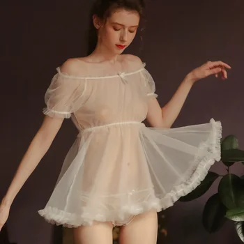 Franču Sexy Ultra-plānas Mežģīnes Priekšgala Pidžamu Vārdu Plecu Caurspīdīga Sieta Nightdress Kopumu, Sieviešu Mājas Apģērba Pidžamu Sievietēm