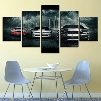 Glezna Uz Audekla Sienas Māksla Karkasa Mājas Dekoru Istabā HD Iespiests 5 Panelis Moduļu Attēlu Mustangs Auto Lietus Plakāts