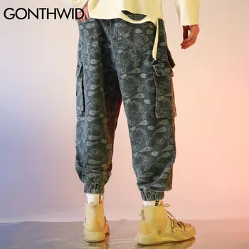 GONTHWID galvas apsējs Paisley Modelis Drukāt Joggers Harēma Kravas Bikses Streetwear Hip Hop Harajuku Gadījuma Baggy Bikses Vīriešu Bikses