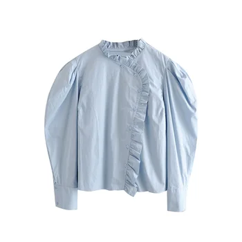 HiloRill Sieviešu Puff Garām Piedurknēm Zilā Blūze Retro Vintage Dāmas Biroja Cietā Ruffles Krekls Streetwear Gadījuma Kokvilnas Topi Blusas