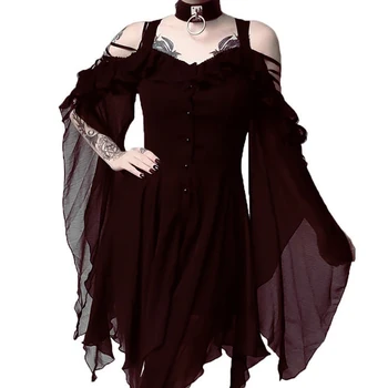 Imily Gothic Šifona Mini Kleita Sievietēm Sexy Savirmot Pie Pleca Slash Kakla Izlīdzināšanu Piedurknēm Augsto Vidukli, Pogas Kleitas Femme Vestidos