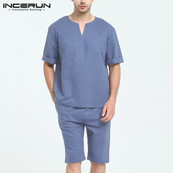 INCERUN Vīriešu Modes vienkrāsainu Īsām Piedurknēm Gadījuma Pidžamas Komplekti Komfortu Kokvilnas Homewear Baggy Dienas Mīkstu Vīriešu Lounge Sleepwear
