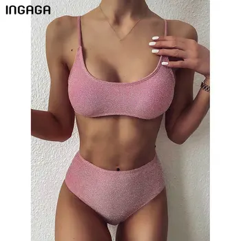 INGAGA ir 2021. Peldmēteļi, Augsts Viduklis, Bikini, Peldkostīmi, Sieviešu Push Up peldkostīmu Spīguļi, Dzirkstošais Biquini Sexy Siksna Bikini Komplekts
