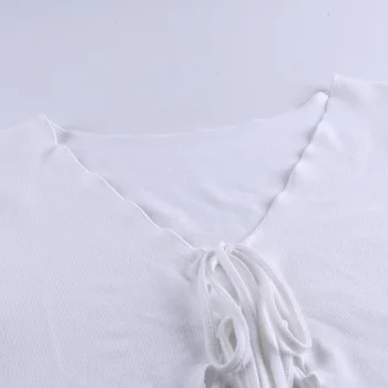InstaHot Pārsējs V veida kakla T krekls ar Īsām Piedurknēm Baltā Adīšanas Apgriezts Augšu Vasaras Sieviešu Gadījuma Sexy Vintage Ruffles Tee Top Dāma