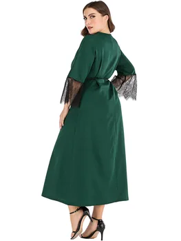 Ir 2021. pavasara rudens plus lieluma gara kleita sievietēm lielu brīvs gadījuma ar garām piedurknēm ar mežģīņu V kakla kleitas jostas zaļā 3XL 4XL 5XL 6XL