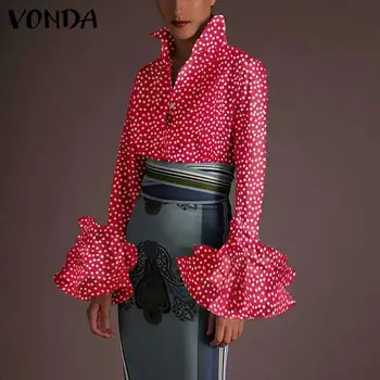 Ir 2021. Sieviešu Vintage Ziedu Iespiests ar garām Piedurknēm Krekli Rudens Gadījuma Pogu, Elegantas Blūzes Puse Topi VONDA Bohēmijas Blusas