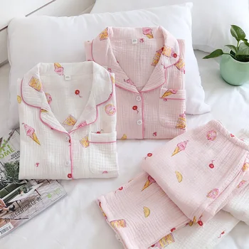 Japānas jauno vasaras sieviešu kokvilnas krepa garām piedurknēm, garās pidžamas komplekts gudrs divdaļīga pavasara un rudens sākuma pakalpojumu dāmas