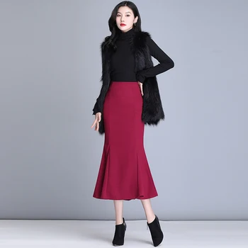 Jaunas Ielidošanas 2020 Rudens Ziemas Sievietes Sabiezēt Vilnas Ilgi Svārki Korejas Modes Biroja Dāma Augsta Vidukļa Slim Sirēna Svārki