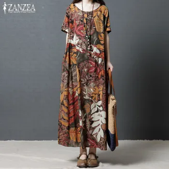 Lielgabarīta Vintage Lina Kleita Sieviešu Sundress ir 2021. ZANZEA Kaftan Drukāt Maxi Kleitas Femme Īsām Piedurknēm Vasaras Gadījuma Vestidos 5XL