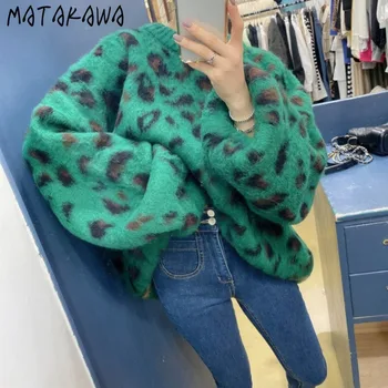 MATAKAWA Retro Leopard Džemperis Sieviešu korejas Zaudēt Rudens un Ziemas Sabiezējums Laternu Piedurknēm Džemperis Plīša Džemperi Sieviete