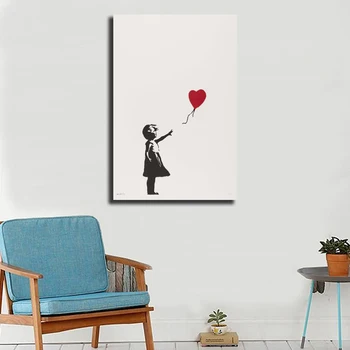 Meitene Ar Sarkano Balonu Ielu Mākslas Audekls Gleznošanai Drukāt Dzīvojamā Istaba Dekori Mūsdienu Sienas, Eļļas Glezna Plakātu Salons Grafiskās Mākslas Darbu