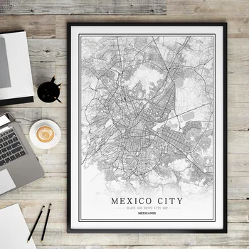 Meksika Radošās pilsētas karte, Abstraktā Audekls Gleznošanai Melnās un baltās Sienas Art Print Plakāta Attēlu, Mājas Apdare, Krāsošana