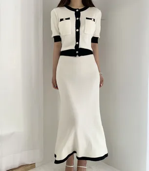 Modes Eleganta Trikotāžas 2 Gabali Komplekti Hit Krāsu Vienotā Krūtīm, ar Īsām Piedurknēm O-veida kakla Topi un Augsto Vidukļa Svārki