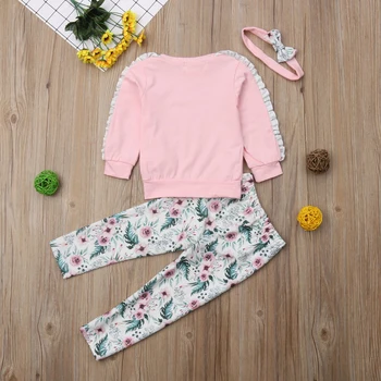 Modes fall winter gudrs diezgan infant baby girl apģērbu 3pcs ruffles piedurknēm vēstuli, ziedu rozā džemperi, topi, bikses, galvas stīpa
