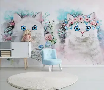 Pasūtījuma sienas tapetes 3D Ziemeļvalstu noslēgta ziedi kaķēns bērnu istabas apdare fona sienas