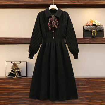Plus Lieluma Sievietēm Ziemā Silta Adīta Kleita Sievietēm ar garām Piedurknēm Loku Apkakles Elegants Vintage korejas Augsta Vidukļa-line Kroku Dresse