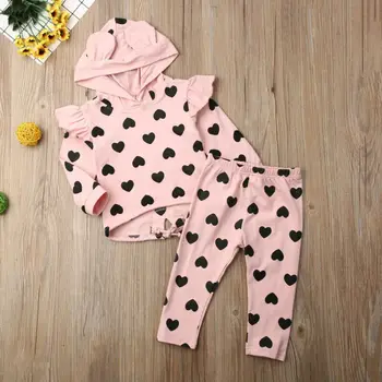 Pudcoco 2019 Jauna Rudens Toddler Baby Girl Apģērbu Komplekti Drukāt Bērns Top Auss Kapuces Džemperis + Bikses Bikses Kokvilnas Apģērbs 1-ź5 y