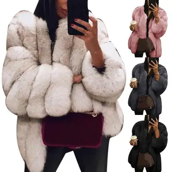 Pūkains mētelis modes rudens un ziemas sieviešu jaka, liela izmēra īsa mākslīgās kažokādas mētelis silts, pūkains mētelis ar garām piedurknēm, jaka