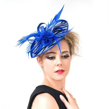 Royal Blue Sieviešu Sinamay Fascinator Cepures Kāzu Elegants Pillbox Cepuri Ziedu Dāmas Derby Cepures Baznīcas Kleita Puse Fedora