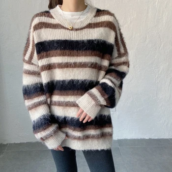 Rudens un ziemas sieviešu džemperis gadījuma svītrainām apaļu kakla garām piedurknēm džemperis brīvs