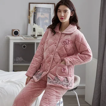 Rudens Ziemas Sievietes Flaneļa Pidžamas Komplekts Cieto Sabiezējumu Silts Naktsveļu Garām Piedurknēm Bikses Plus Vilnas Sleepwear Mājas Apģērba