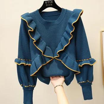 Rudens ziemas sieviešu top korejas stila savirmot vīlēm džemperi džemperis jaunas laternas piedurknēm adīts zemāko topi GX283