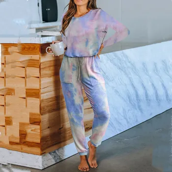 Rudenī 2020 Jaunu Dāmu Mājās Valkā garām piedurknēm Uzvalks kaklasaišu krāsošanas Iespiesti Pajama Komplekti Homewear Uzvalks Loungewear, kas Divas Gabals, kas Sievietēm