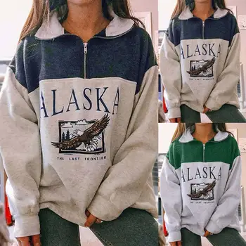 Sieviešu Kokvilnas Stand Apkakli Pusi Rāvējslēdzēju Alaska Burtu Drukāšanas garām Piedurknēm Krekli Ikdienas Brīvs Krekls Vintage Modi