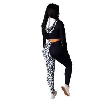 Sieviešu Leopard Tracksuit Komplekti rudens Modes Gadījuma Sexy Slim Kultūru Tops ar garām Piedurknēm ar Kapuci&Zīmuli Bikses, Uzvalks, Fitnesa Treniņu