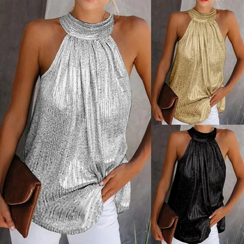 Sieviešu Modes Spīdīgu Pavada Kakla Topi Dāmas Vasaras Gadījuma vienkrāsainu T krekls bez Piedurknēm Melnā Zelta Sudraba