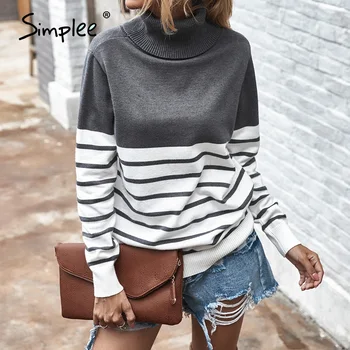 Simplee Svītrainām augsta apkakle sieviešu Džemperis Rudens ziemas gadījuma sieviešu džemperis ar Augstu ielu modes sieviešu adīšanas top 2020