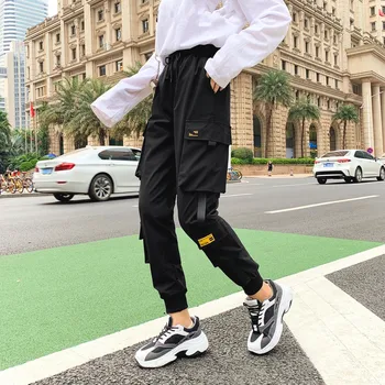 Stils Kravas Bikses, Sieviešu Melns Augsts Viduklis Kabatas Bikses Streetwear Sieviešu Joggers Treniņbikses