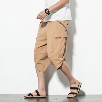 Streetwear Vīriešu Vasaras Plaša Kāju Bikses Man Gadījuma Teļš-garuma Bikses 2020. Gadam Kokvilnas vienkrāsainu Kabatas Vīriešu Baggy Harēma Bikses 5XL