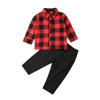 Toddler Puika Pleds Krekls ar garām Piedurknēm Topi +Bikses 2gab Tērpi Bērniem Džentlmenis Formālās Drēbes, Izmēri 2-6Y