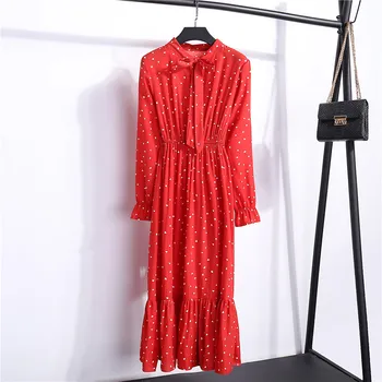 Vestidos Pavasara Sievietes Kleitu Dāmas Ar Garām Piedurknēm Polka Dot Vintage Šifona Kreklu, Kleitu Gadījuma Melns Sarkans Ziedu Rudens Midi Kleita