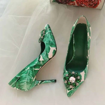 VIISENANTIN 2019 jaunu zaļo lapu drukas augstpapēžu kurpes 6cm 10cm papēža sekla muti norādīja toe sapatos kristāla vasaras kurpes