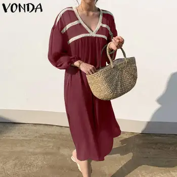 Vintage Kleita Sieviešu V Kakla Ilgi Laternu Piedurknēm Puse Svītraina Kleita Brīvdienu Bohēmijas Vestidos 2021. Gada Vasarā Ilgi Drēbes Plus Izmēra
