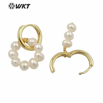 WT-MPE052 WKT augstas kvalitātes roku padarīt apaļa aizdare zelta electroplated pērļu auskari krāšņs saldūdens pērļu krelles aizdare earings