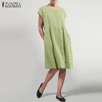 ZANZEA 2021. gada Vasaras Sundress Sieviešu Veļa Kleitu Modes Īsām Piedurknēm Gadījuma Vestidos Sieviešu Kroku Drēbes Sievietei O Kakla Kleita 5XL