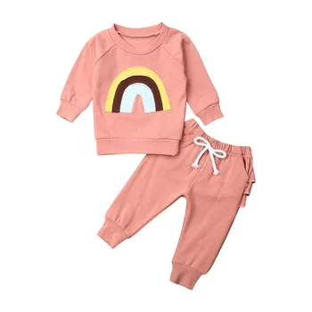 Zīdaiņiem Bērniem Zīdaiņu Meitenēm 0-3T Apģērbu Komplekti Varavīksnes Drukas garām Piedurknēm Rozā Tops+Ruffles Bikses