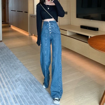 2020. gada pavasara Modes Cietā Augstas Starām. Pogu Džinsa Plaša Kāju Džinsi, Sieviešu Ikdienas vintage Jeans Butt Lift Bikses rudens