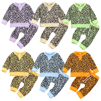 2gab Toddler Rudens Tērpiem Leopards Drukāt O-veida Kakla Ilgtermiņa Piedurknēm Top + Elastic-Waist Bikses par Bērnu Zēniem Meitenēm, 6 krāsas