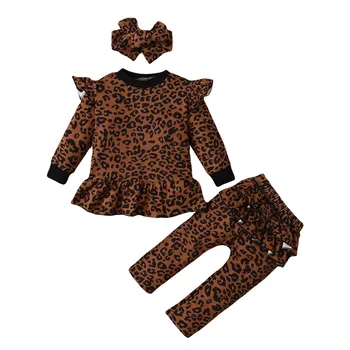 (3M-18M) Bērnu garām piedurknēm leopards drukāt top+frilled mežģīņu bikses+galvas uzvalks modes gadījuma ērti mazuli uzvalks F4*