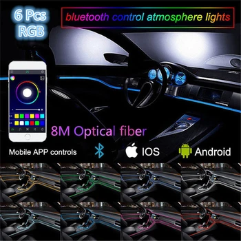 6in1 RGB LED 8M Auto Interjera Dekori Neona EL Strip Gaismas Bluetooth App Kontroles 12V