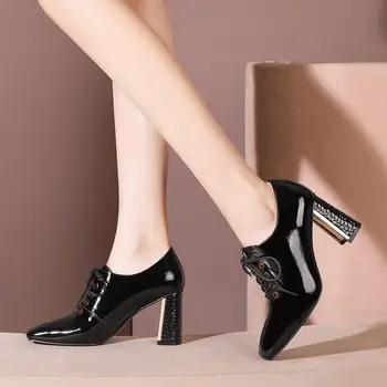 ALLBITEFO modes mežģīnes īstas ādas augstpapēžu kurpes biroja kvadrātveida kājām augstpapēžu kurpes pavasara biezs papēdis sieviešu kurpes